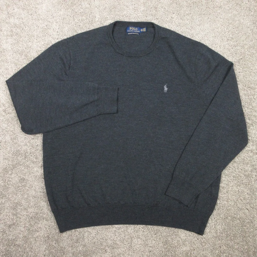 Polo Ralph‎ Lauren Sweater Mens 2XL Charcoal Gray Washable Merino Wool Gray Pony